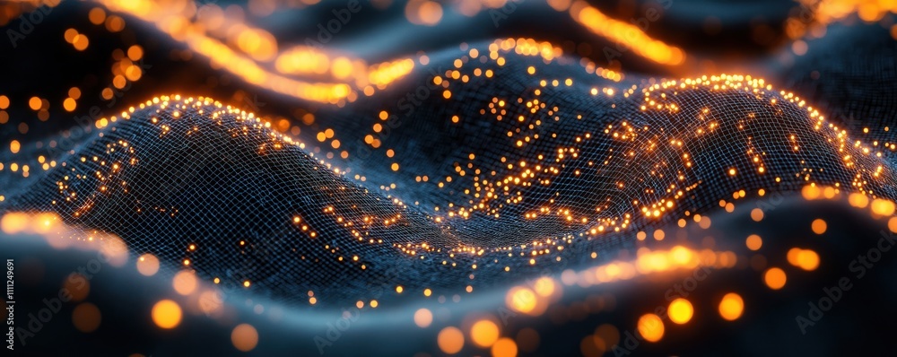 Aufkleber Abstract smart fabric with embedded sensors shows tech innovation. Wearable tech presented as network of glowing points on dark background. Wave patterns on fabric demonstrate data transmission in