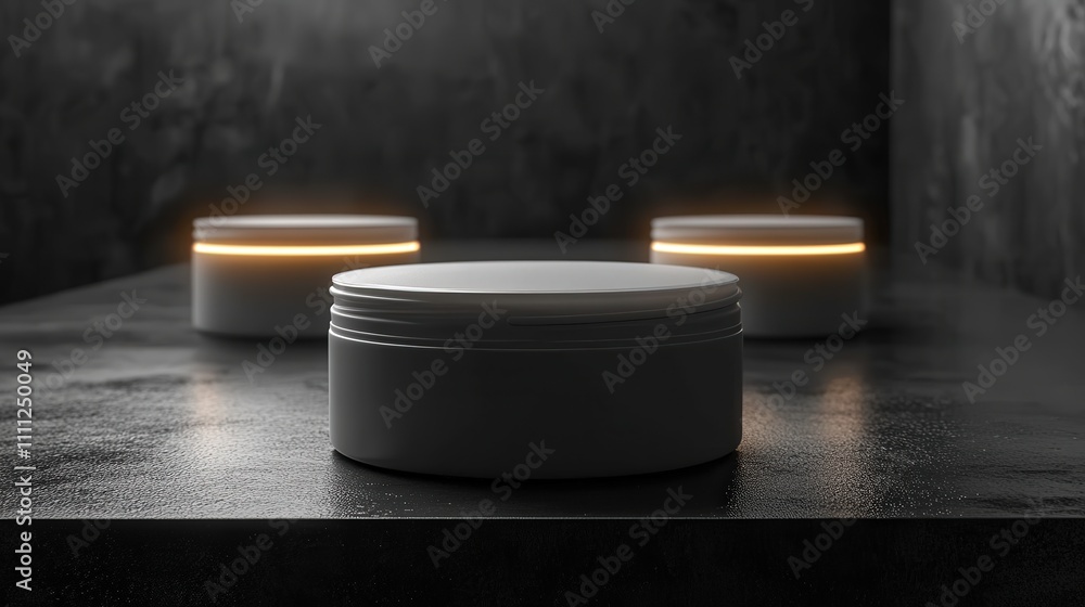 Poster elegant minimalist presentation of white cosmetic containers in a dark modern space with soft glowin