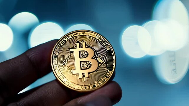 Close-up of a bitcoin gold coin with glowing blurred lights, great for finance and cryptocurrency-related media, bitcoin, investment, blockchain, technology