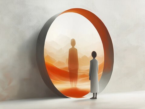 Person observes larger self in circular archway. Desert landscape reflected within. Conceptual art piece about self-perception. Psychology theme. Person seems thoughtful. Potential art stock image