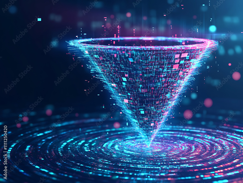Aufkleber big data technology and information funnel concept, large digital funnel with online data as process