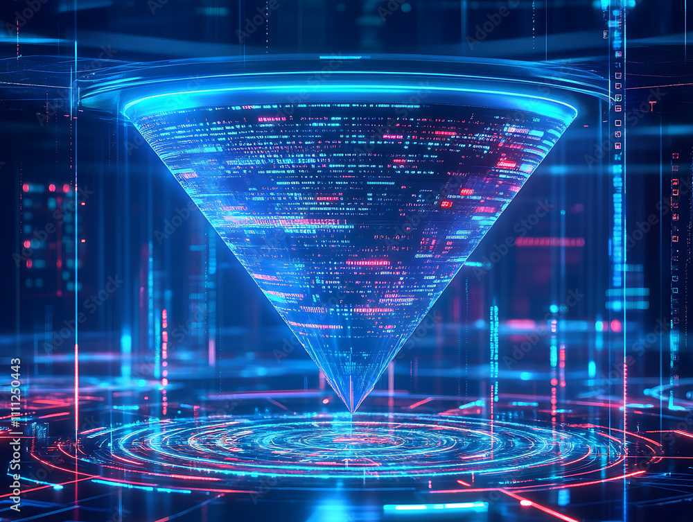 Fototapete big data technology and information funnel concept, large digital funnel with online data as process