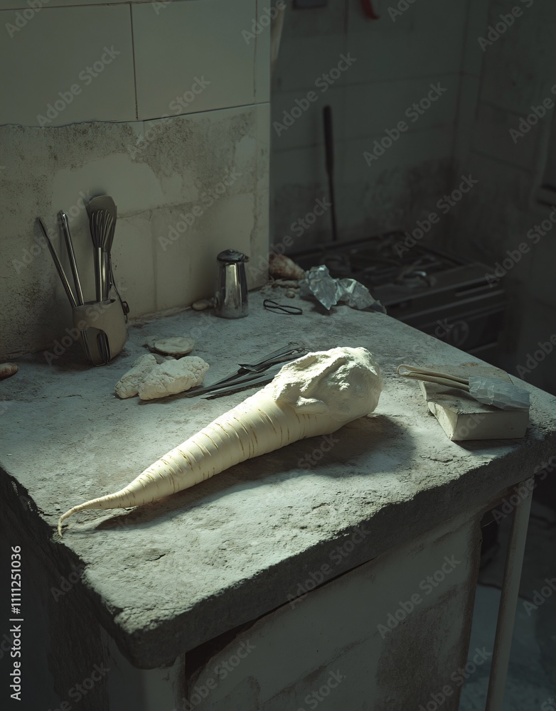 Poster a solitary parsnip on a rustic kitchen table, surrounded by cooking utensils and a dim atmosphere.
