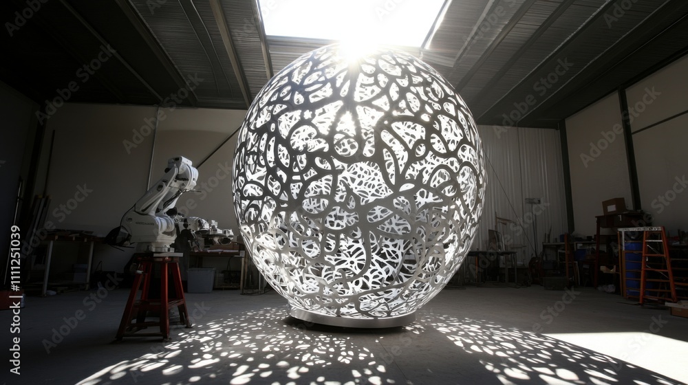 Poster intricate design of a modern artistic sculpture illuminated by natural light in a creative workshop 