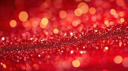Abstract gold glitter lights on red background for banner. Blurred bokeh. Backdrop for Christmas, New Year greeting cards, Valentines day, Womens day, holiday or event.