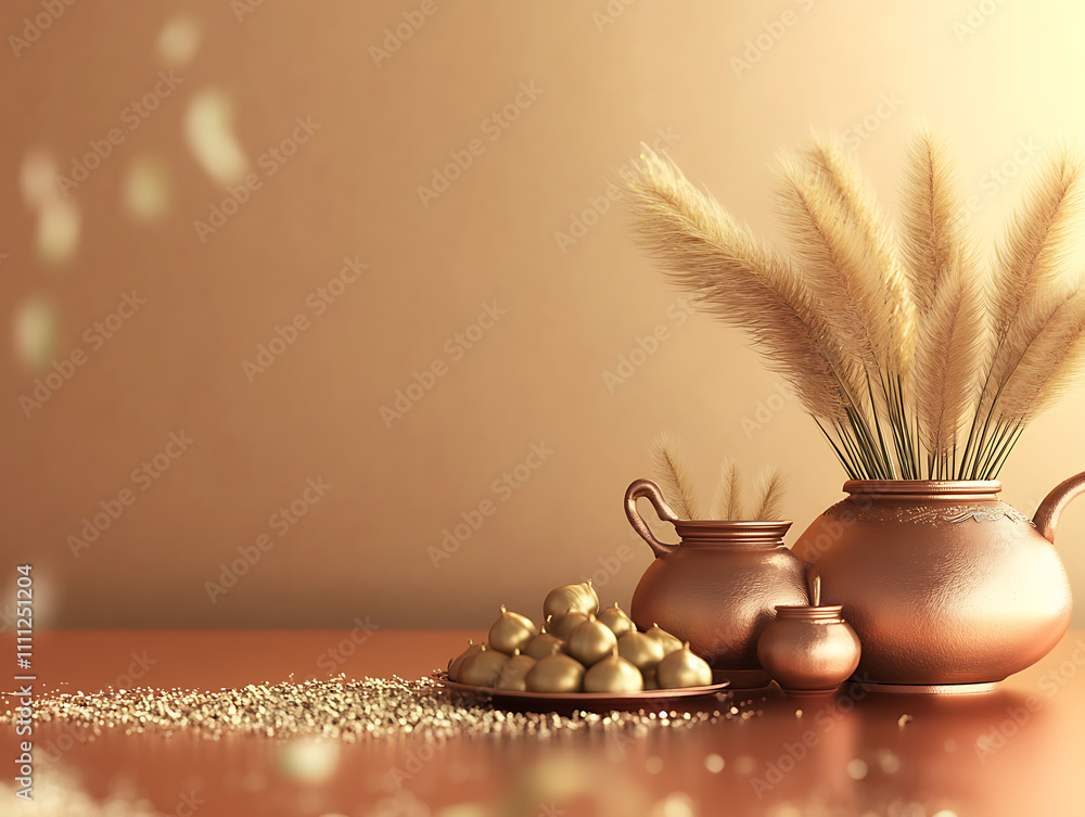 Poster 3d render of mattu pongal festival elements on copper background and copy space