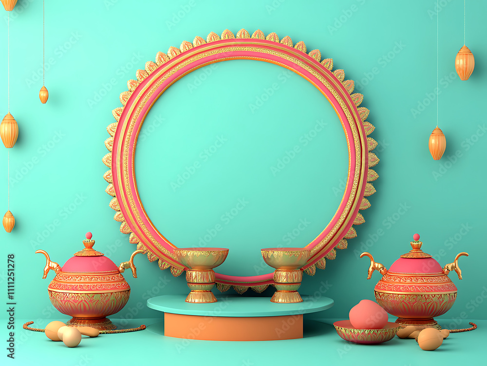 Aufkleber 3d render pongal festival elements over podium and empty circular frame on glossy light turquoise background