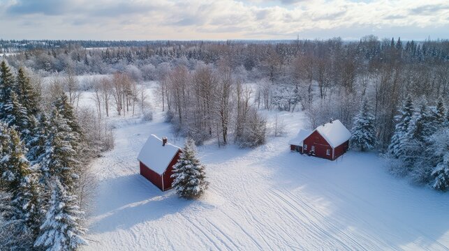 Aerial view of snowy winter forest with beautiful snow-laden trees, Earltown, Canada.