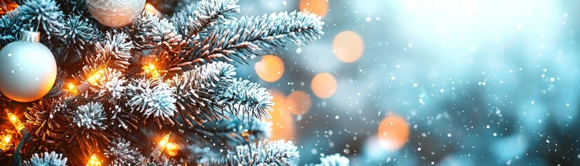 Fototapeta premium Cozy Christmas Scene with a Decorated Tree Winter Wonderland Holiday Atmosphere Interior Close-Up Festive Spirit and Snowflakes