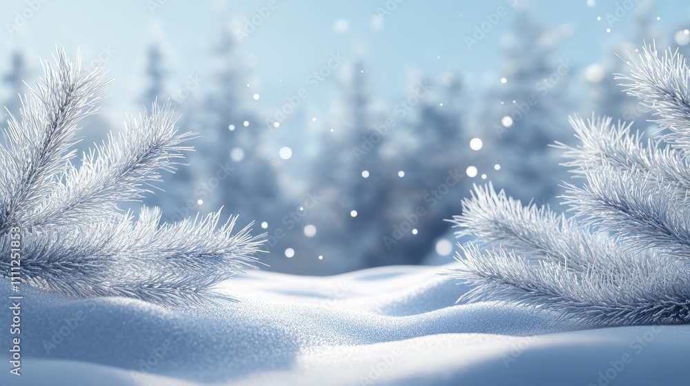 Poster beautiful winter background image of frosted spruce branches and small drifts of pure snow with boke