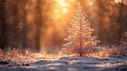 Naklejka premium Enchanting Christmas Scene with a Snowy Tree and Glittering Flakes Winter Wonderland Nature Photography Golden Glow Holiday Spirit