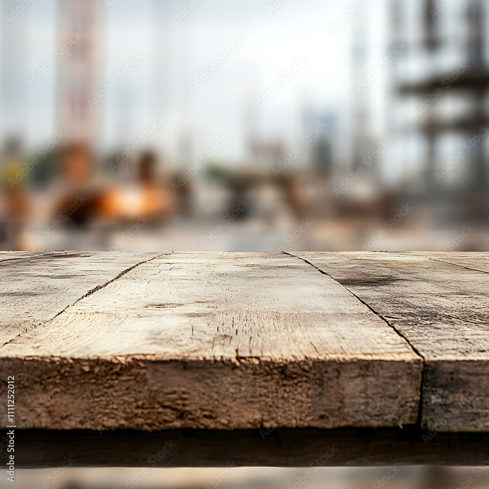 Poster a close up of a rustic empty wooden table with blurred farm background