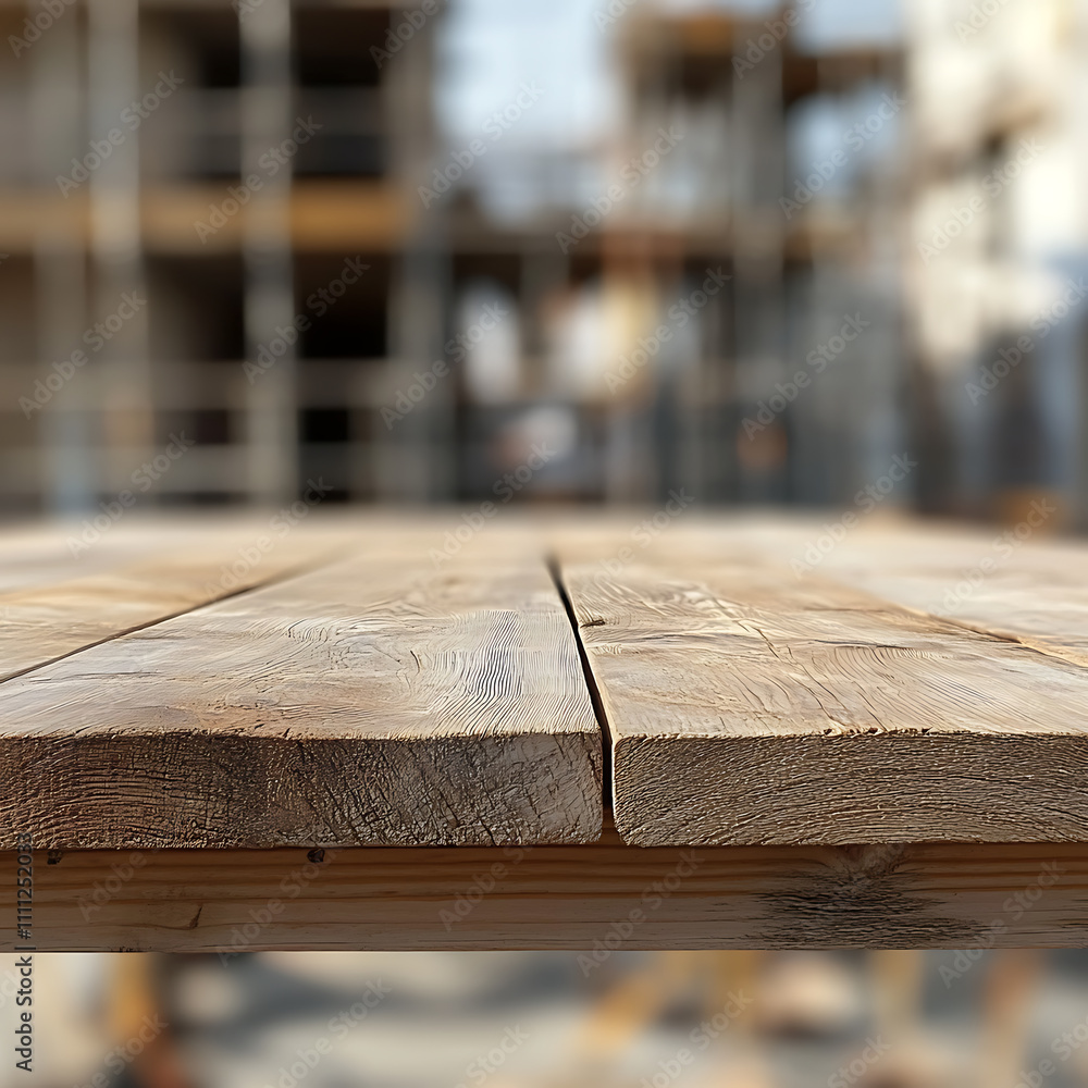 Poster A close up of a rustic empty wooden table with blurred farm background