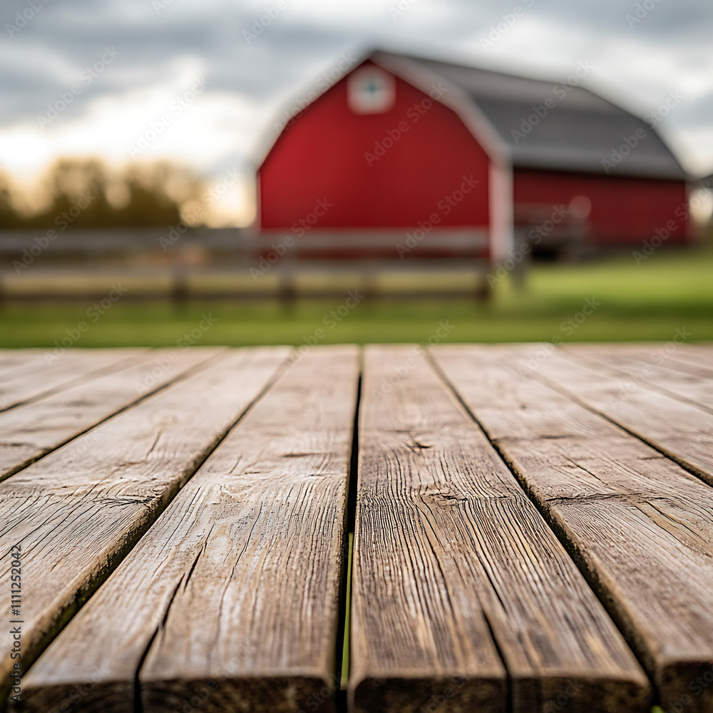 Poster A close up of a rustic empty wooden table with blurred farm background