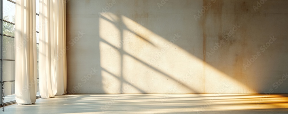 Poster sunlight streams through minimalist curtains illuminating concrete wall. geometric shadows cast on l