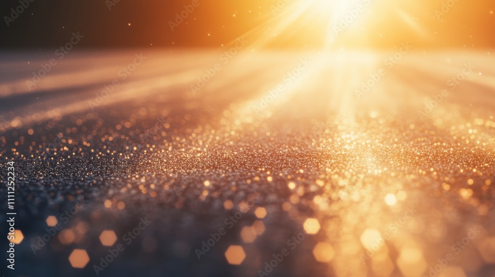 Poster glimmering bokeh effect on a surface with soft sunrise light casting a warm glow and creating beauti