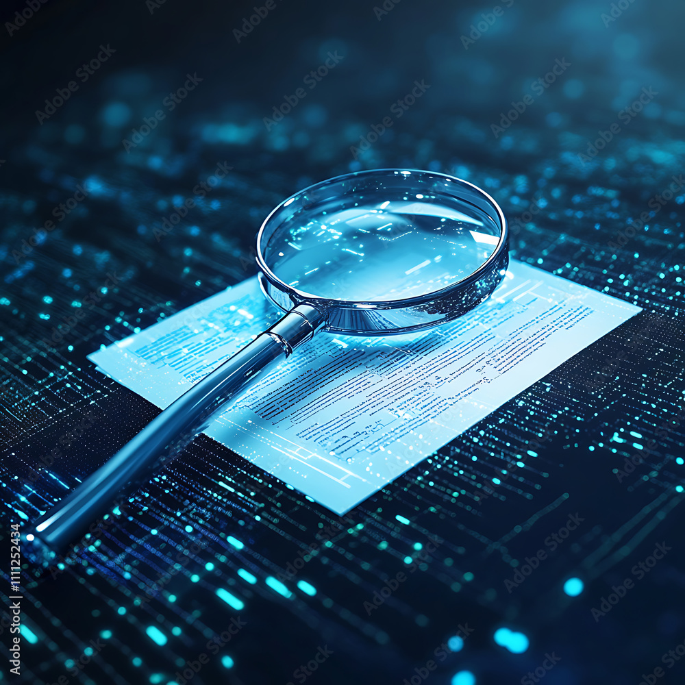 Poster A detailed it security risk assessment concept depicted with a magnifying glass focused on a document within an abstract technological atmosphere, symbolizing scrutiny and protection