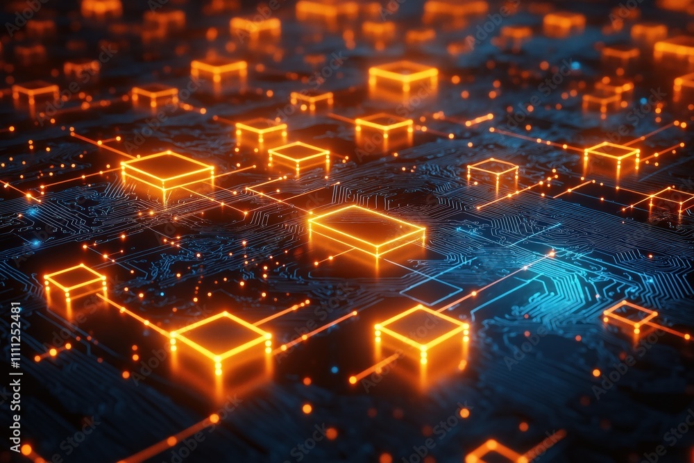 Poster Futuristic tech network. Global business connections. Orange glowing blocks connect in dark circuit board. AI, IoT concept. Modern internet connections. Global business network. Intricate tech design.