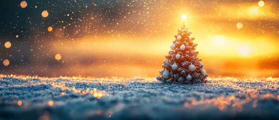 Naklejka premium A Magical Christmas Season Moment with a Festive Tree Amid Snowflakes at Sunset Embracing Nature's Beauty and Holiday Spirit