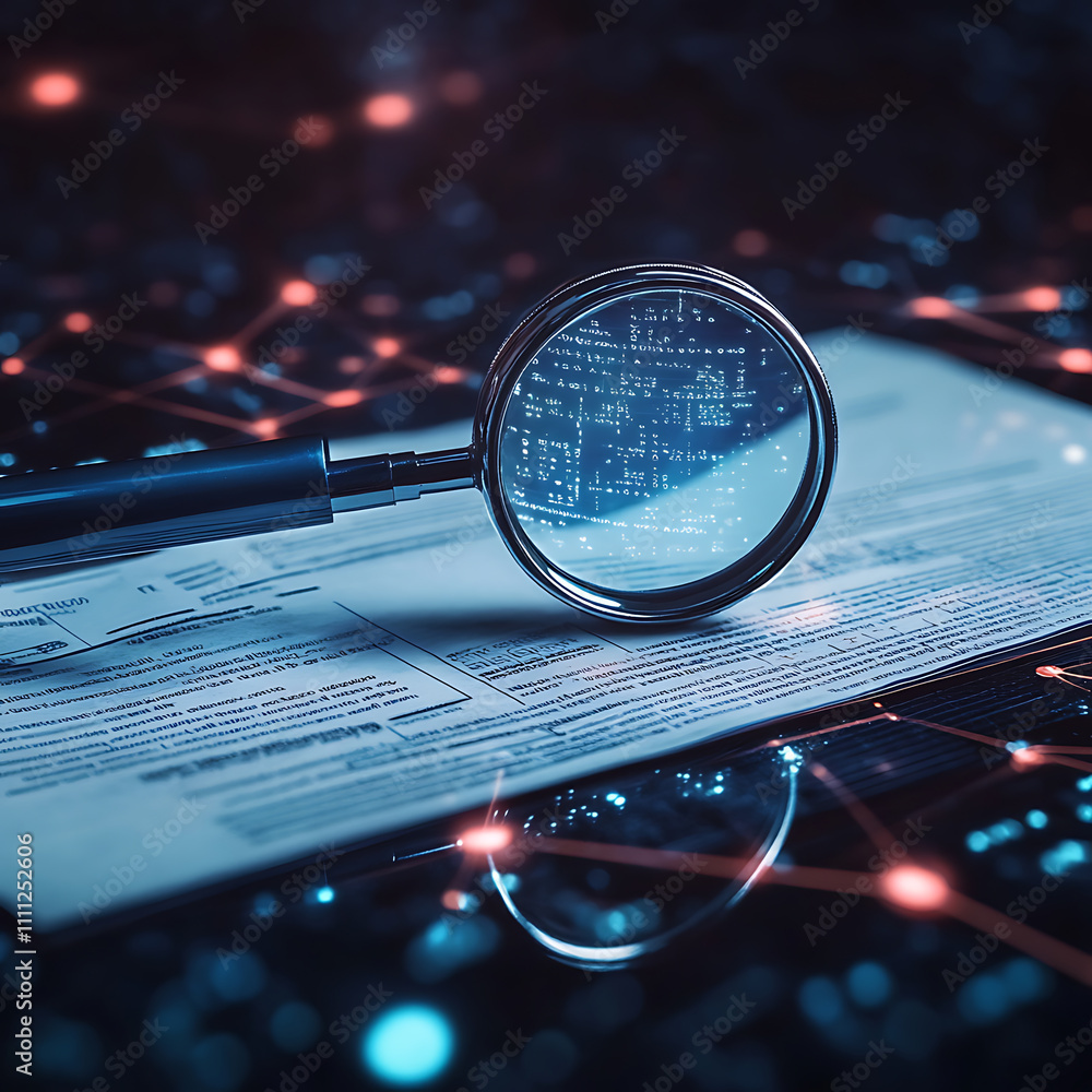 Poster A detailed it security risk assessment concept depicted with a magnifying glass focused on a document within an abstract technological atmosphere, symbolizing scrutiny and protection