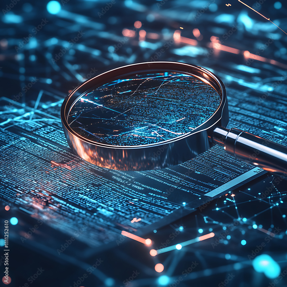 Poster A detailed it security risk assessment concept depicted with a magnifying glass focused on a document within an abstract technological atmosphere, symbolizing scrutiny and protection