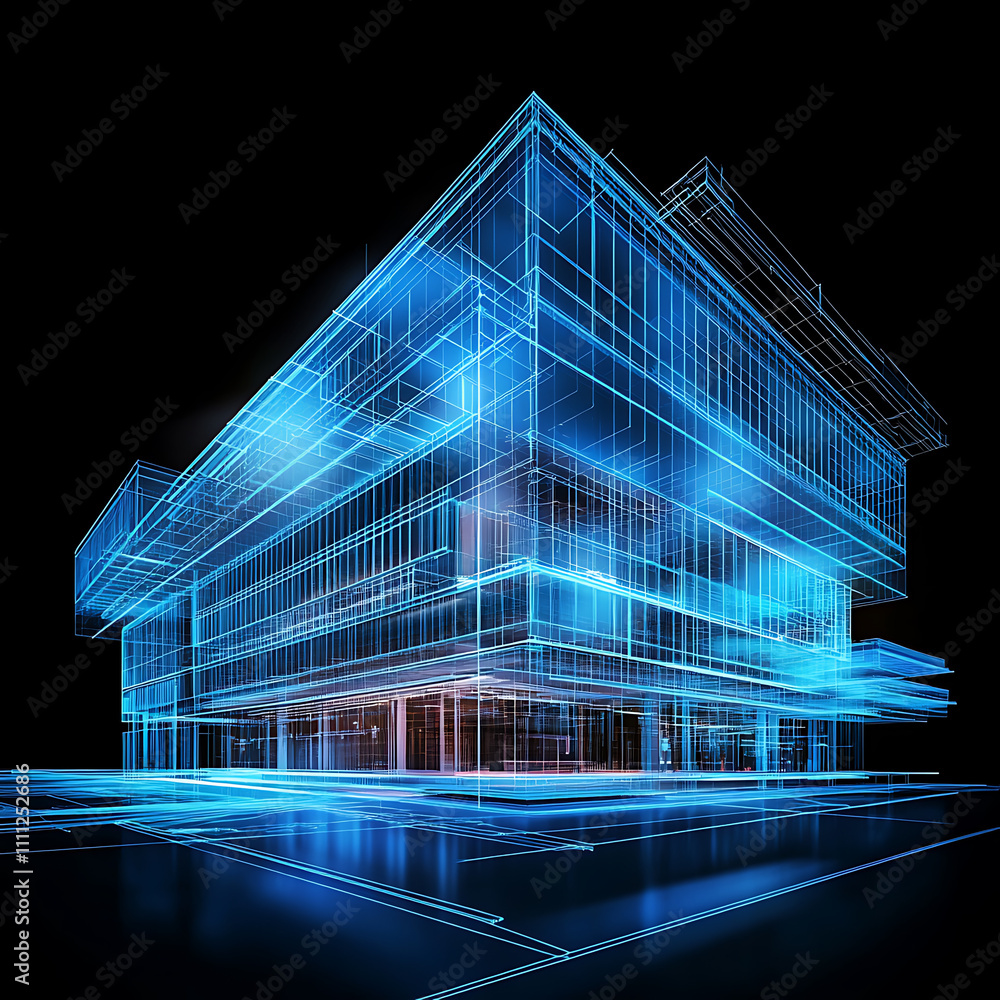 Poster exterior of a high-rise office building, modern architecture with an abstract background
