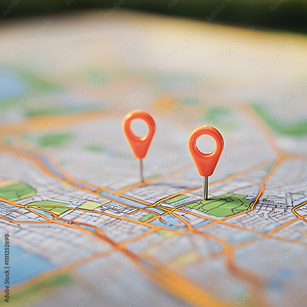 Poster A detailed map displaying a specific location marked with two vibrant pins, symbolizing the starting and destination points in a gps navigation system used for efficient route planning and guidance