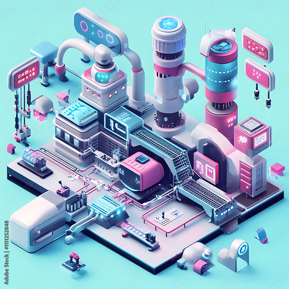 Poster A futuristic image illustrating the concept of a smart factory, advanced technology like ai, iot and robotics in manufacturing processes for greater efficiency and productivity