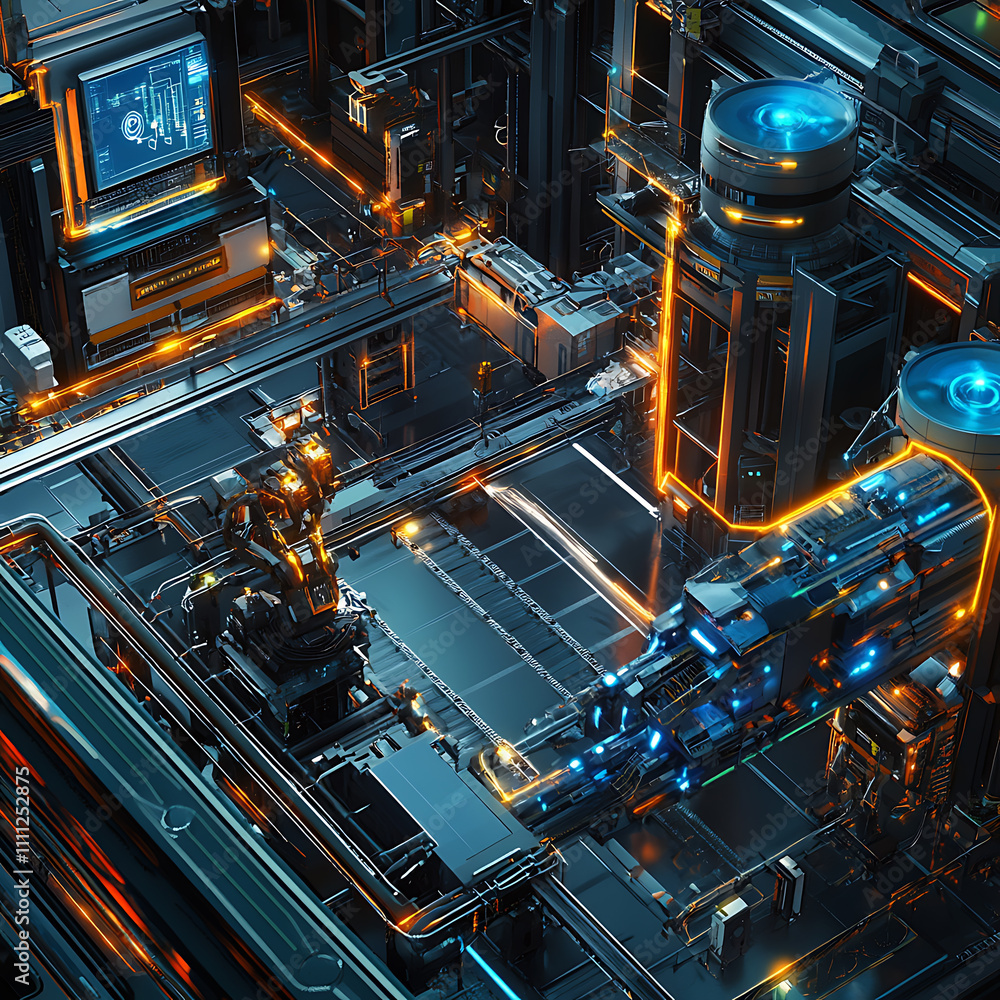 Aufkleber A futuristic image illustrating the concept of a smart factory, advanced technology like ai, iot and robotics in manufacturing processes for greater efficiency and productivity