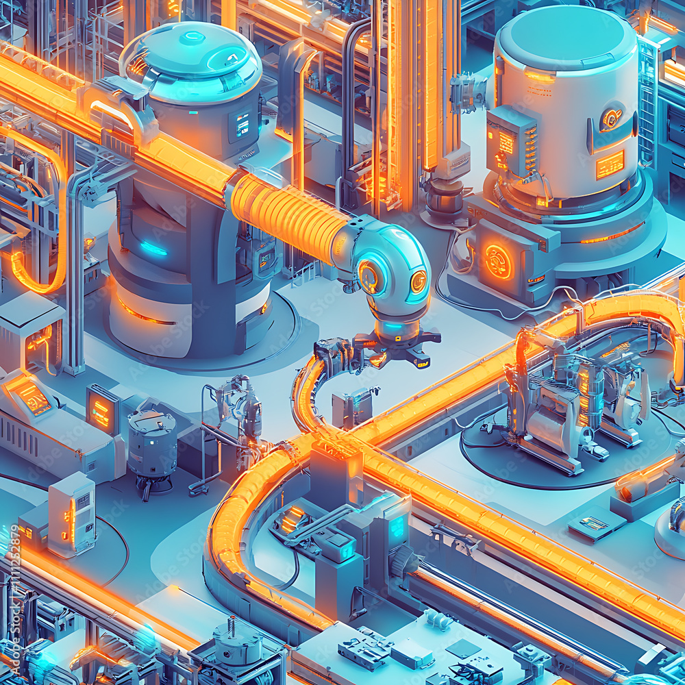 Poster A futuristic image illustrating the concept of a smart factory, advanced technology like ai, iot and robotics in manufacturing processes for greater efficiency and productivity