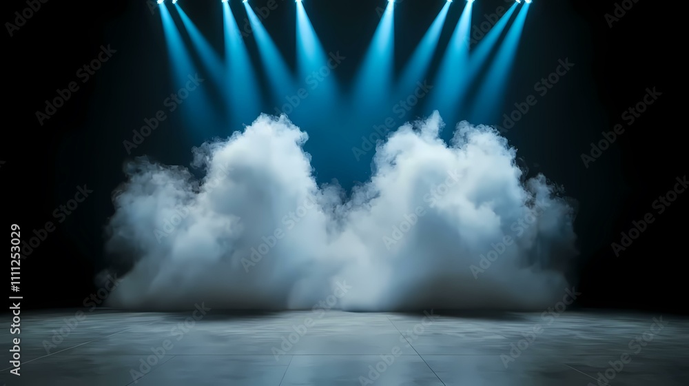 Poster a dark stage with a tiled floor is lit by several bright blue spotlights, creating an ethereal atmos