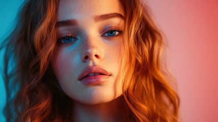 Fototapeta premium Close-up portrait of a confident woman with flowing wavy hair, soft makeup, and a warm gradient red background, exuding elegance.