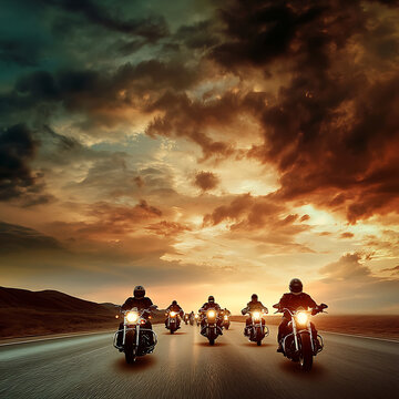 A group of motorcyclists traveling together, a group of bikers riding a high-speed motorcycle on an empty road against a beautiful cloudy sky