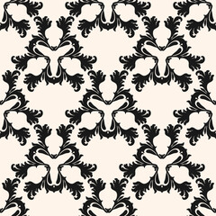 Abstract black and white vector background with curly shapes, swirls, floral elements. Elegant Damask seamless pattern. Ornament texture in baroque, rococo, renaissance, revival style. Repeated design