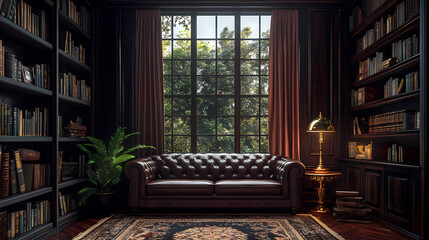 A vintage-style reading lounge with dark wooden shelves filled with old books, a leather Chesterfield sofa, a Persian rug, a golden table lamp casting warm light, and a large window framed by heavy ve