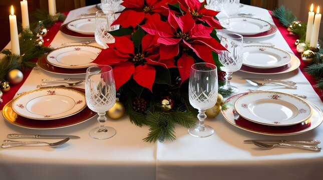 A beautifully set Christmas dinner table with elegant porcelain plates