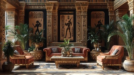 Obraz premium Luxurious Egyptian-themed living room interior.