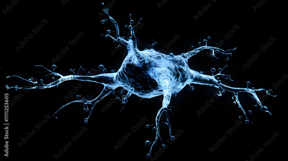Poster a visually striking abstract image resembling a neuron structure exploding in blue hues against a de