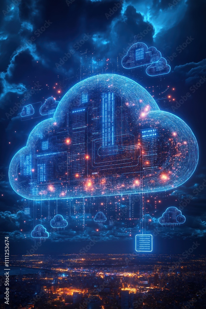 Aufkleber Futuristic tech cloud computing concept. Glowing data connections visible over city at night. Huge cloud shape resembles tech city with glowing data. Network connections link clouds, city. Digital