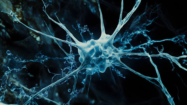 A visually striking abstract image resembling a neuron structure exploding in blue hues against a deep black background