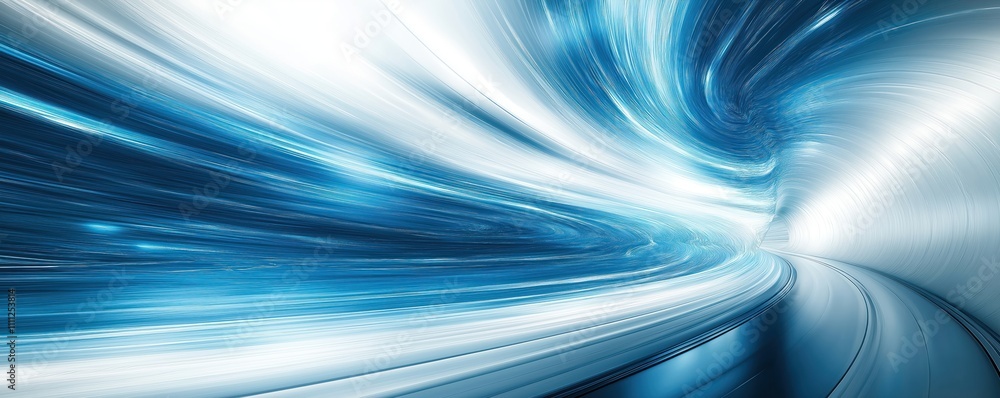 Poster Abstract blue, white lines create dynamic futuristic tech background. Blurry effect suggests speed, innovation. Illustration evokes sense of rapid movement through tunnel high-tech environment. Image