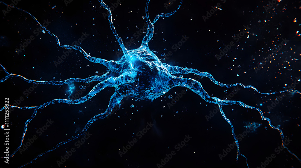 Poster a visually striking abstract image resembling a neuron structure exploding in blue hues against a de