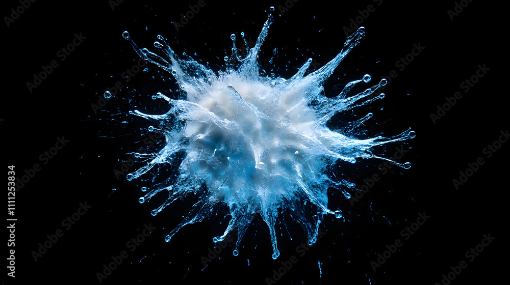 Poster a visually striking abstract image resembling a neuron structure exploding in blue hues against a de