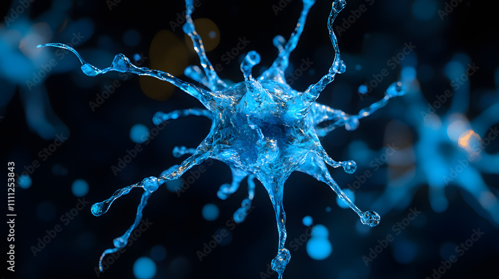 Poster a visually striking abstract image resembling a neuron structure exploding in blue hues against a de