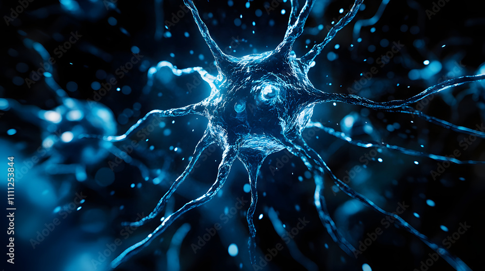 Poster a visually striking abstract image resembling a neuron structure exploding in blue hues against a de