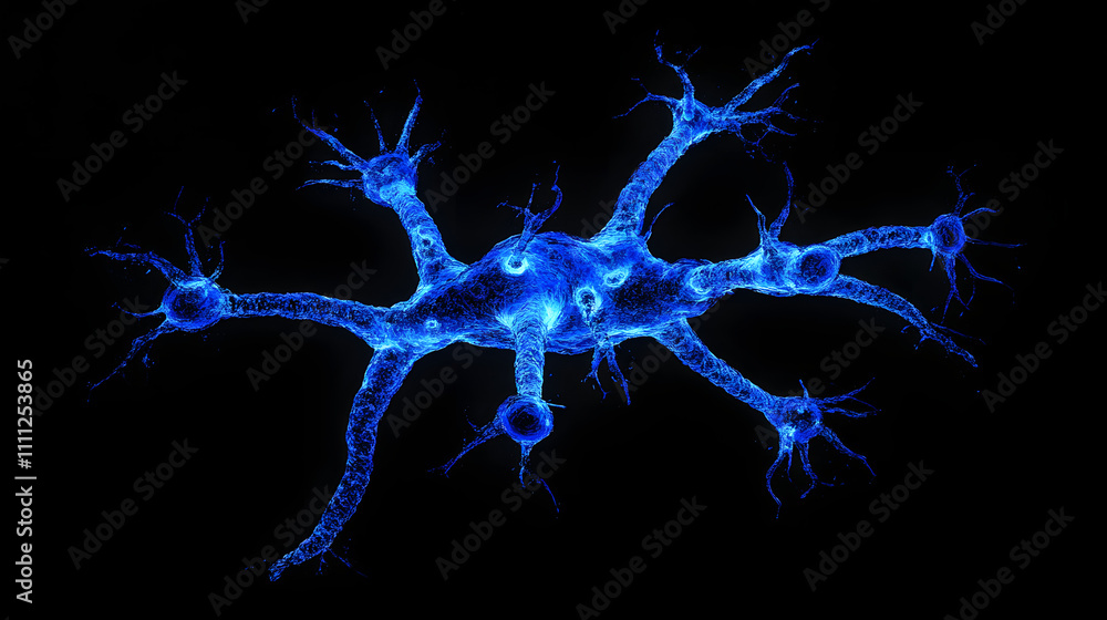 Poster a visually striking abstract image resembling a neuron structure exploding in blue hues against a de