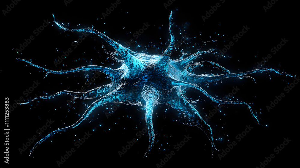 Poster a visually striking abstract image resembling a neuron structure exploding in blue hues against a de