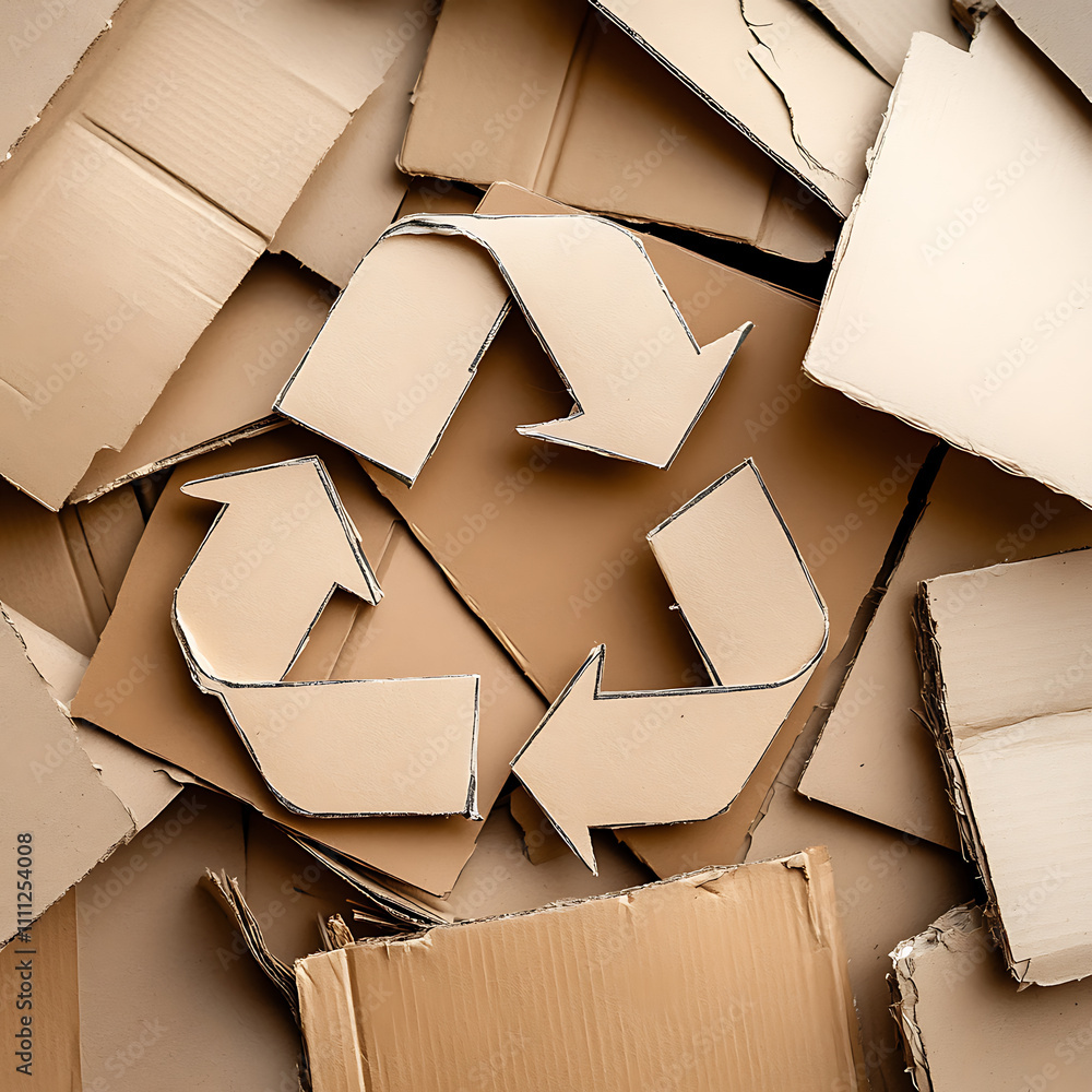 Poster A pile of assorted paper and cardboard materials marked with the universal recycling symbol, set against a neutral background to promote environmental conservation and sustainable practices