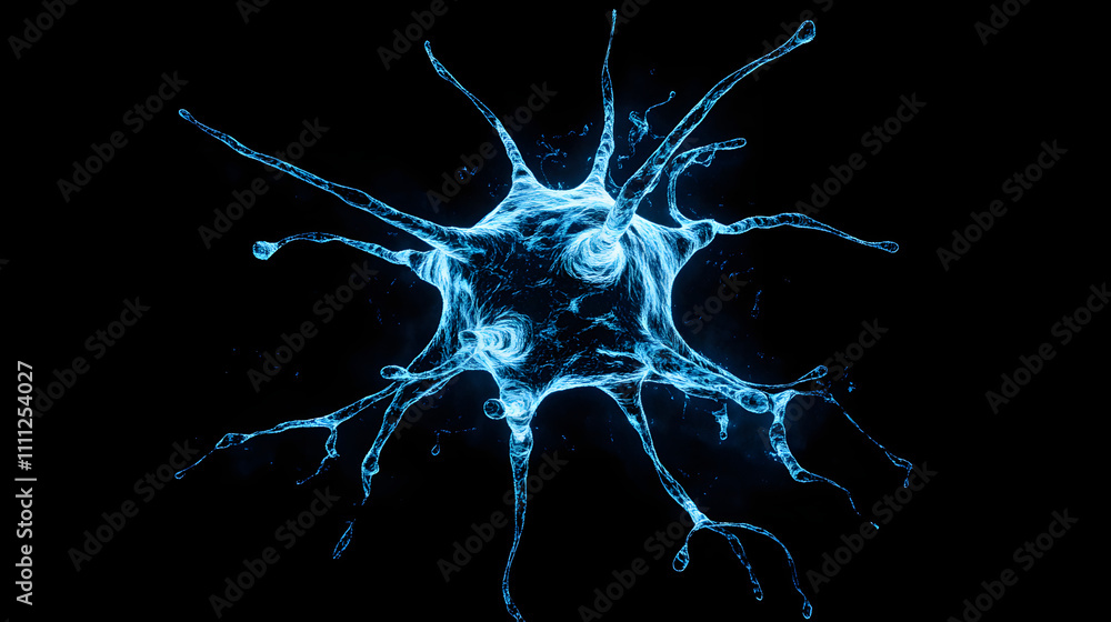 Poster a visually striking abstract image resembling a neuron structure exploding in blue hues against a de