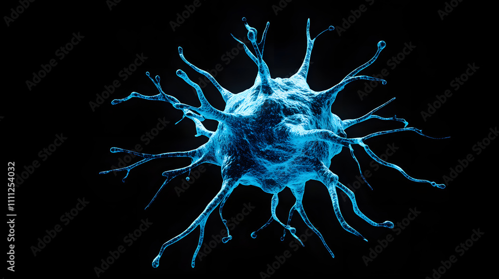 Poster a visually striking abstract image resembling a neuron structure exploding in blue hues against a de